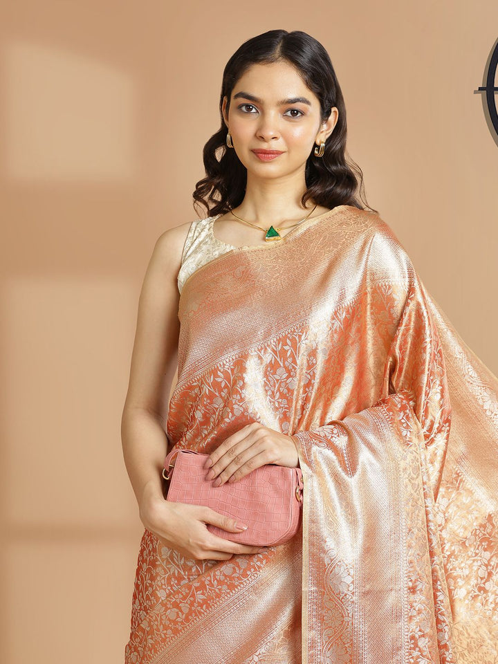 Party Wear Metalic Rust Color With Golden Tissue Silk Saree
