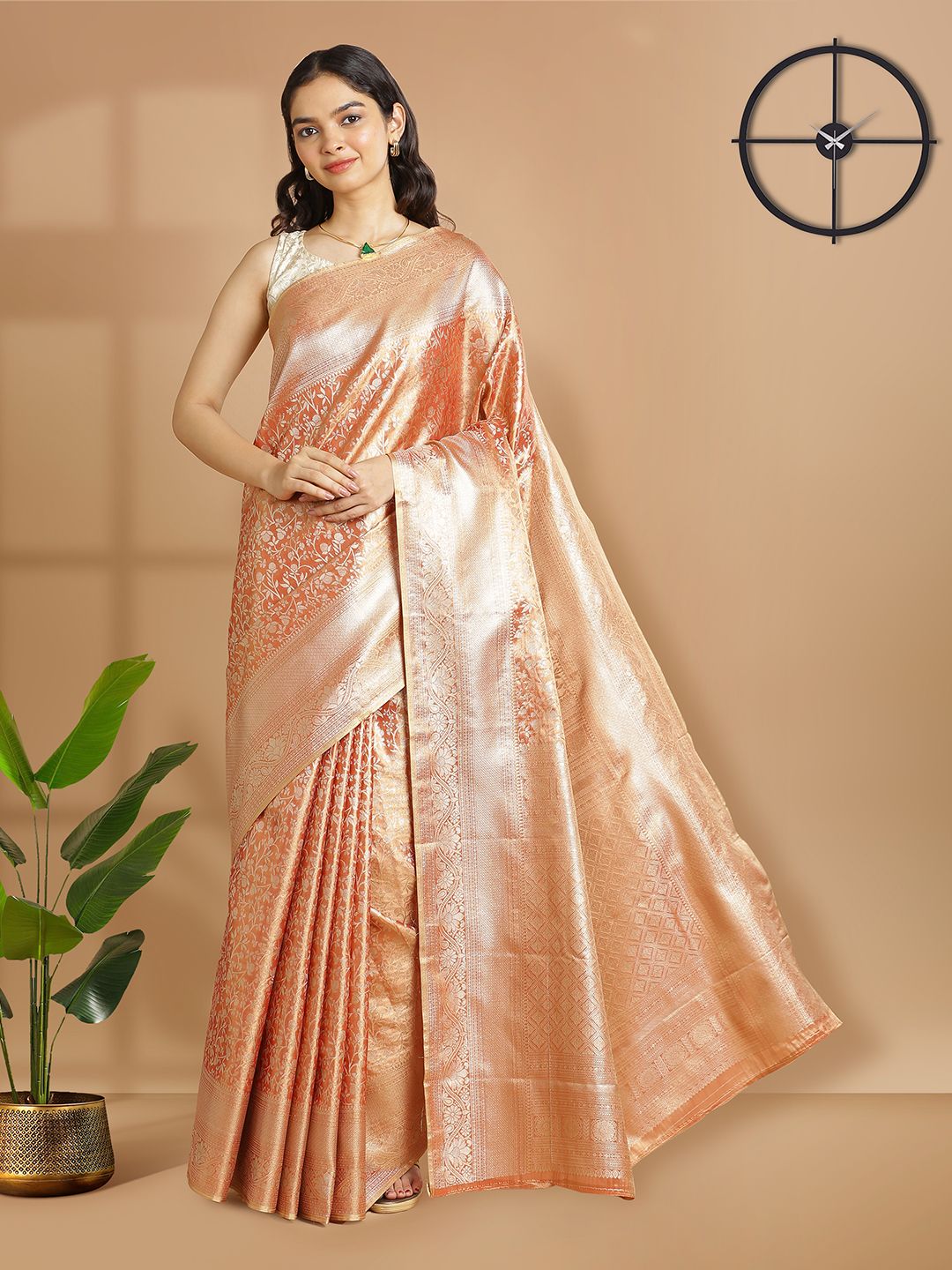 Party Wear Metalic Rust Color With Golden Tissue Silk Saree