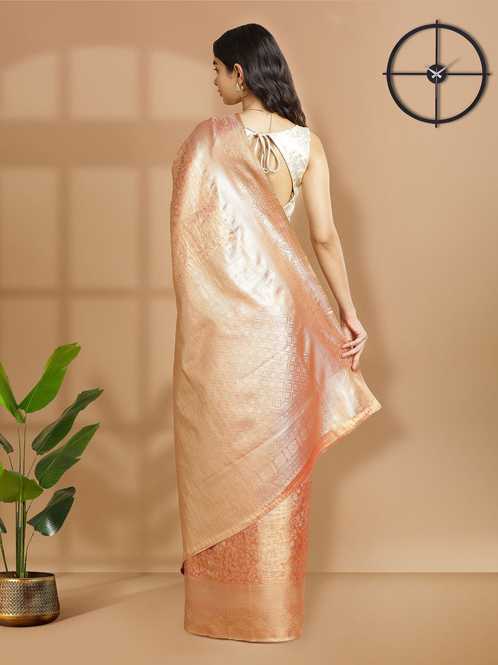 Party Wear Metalic Rust Color With Golden Tissue Silk Saree