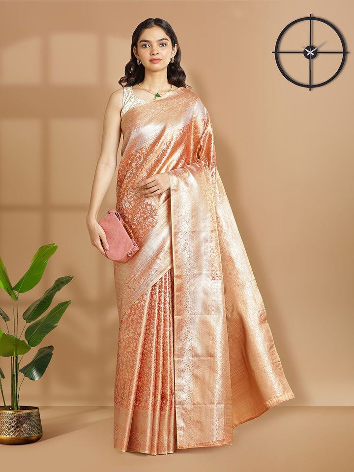 Party Wear Metalic Rust Color With Golden Tissue Silk Saree