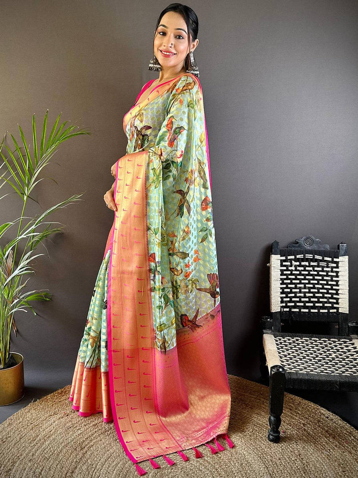 Party Wear Mint Green Color Banarasi Soft Silk Saree