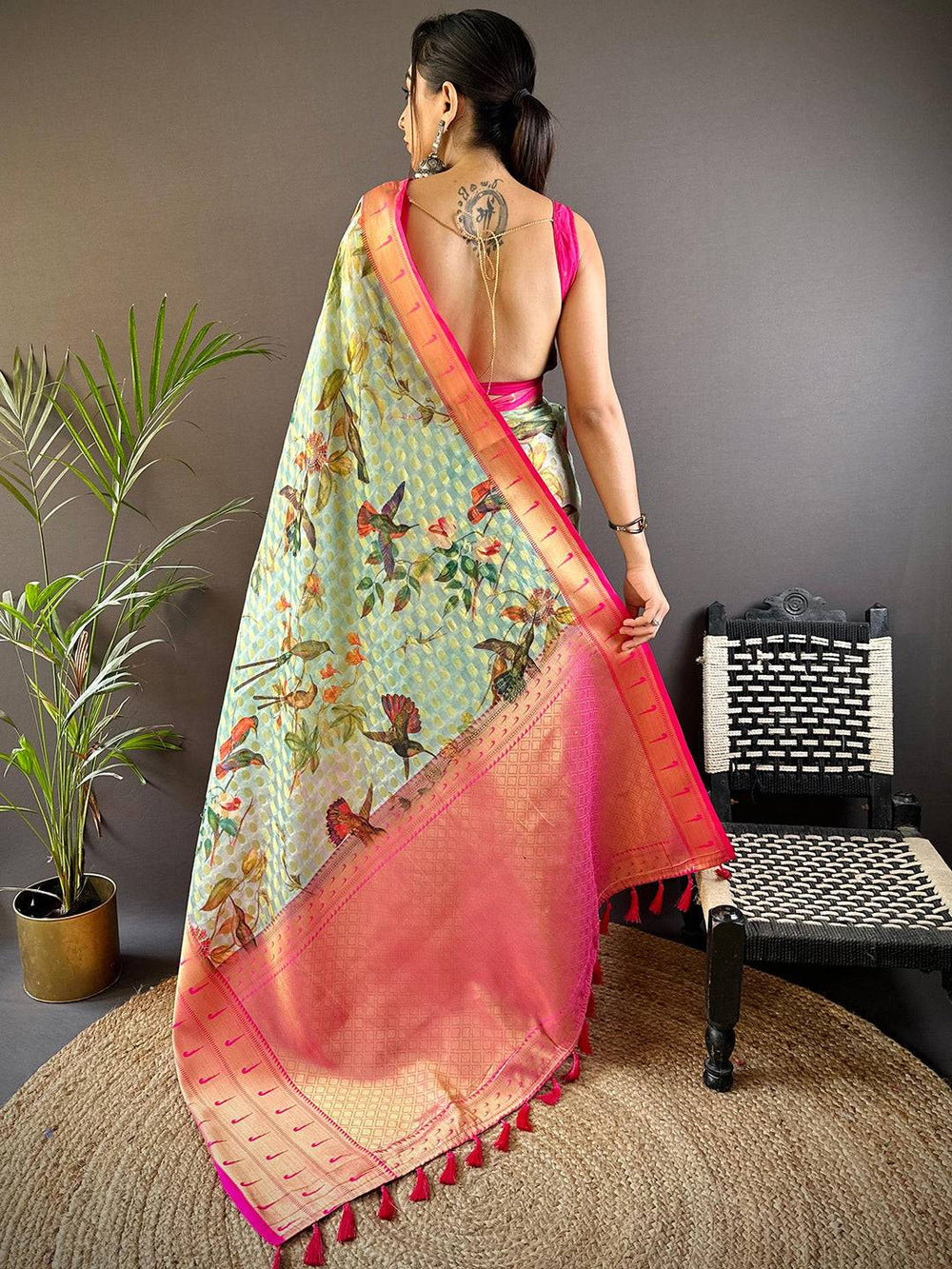 Party Wear Mint Green Color Banarasi Soft Silk Saree