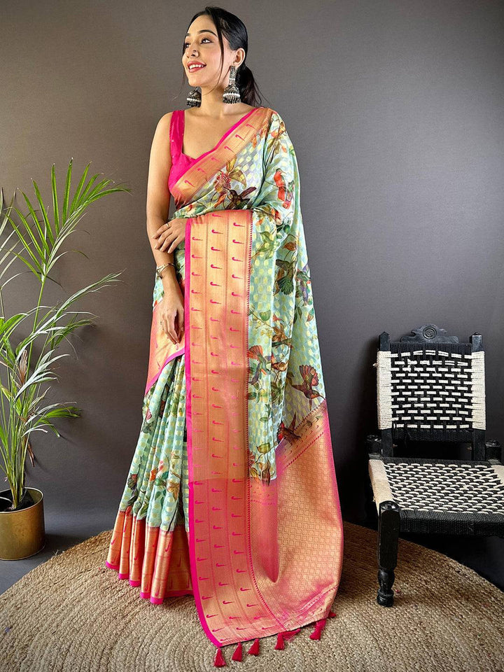 Party Wear Mint Green Color Banarasi Soft Silk Saree