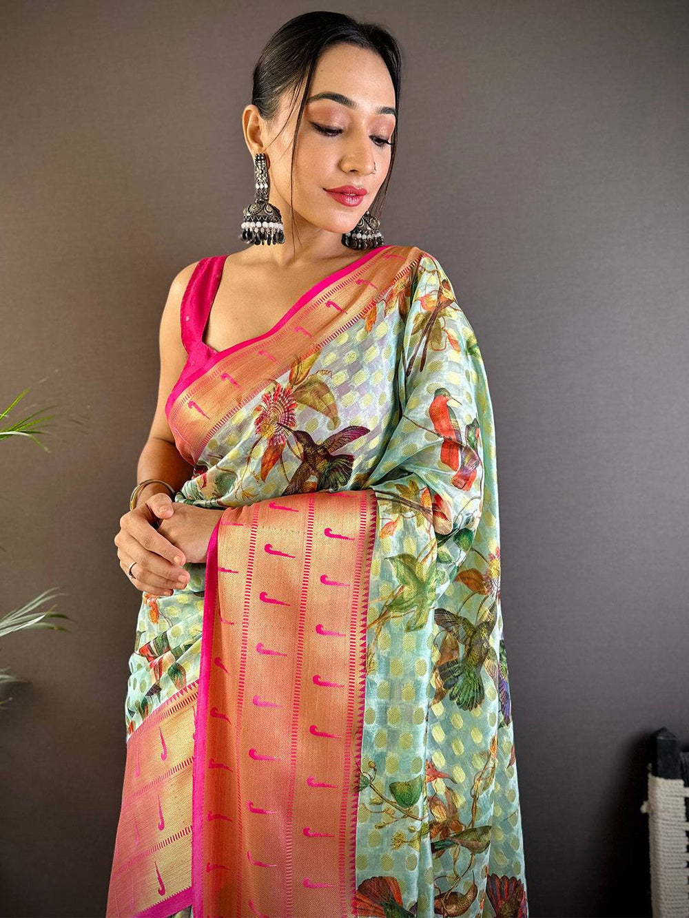 Party Wear Mint Green Color Banarasi Soft Silk Saree