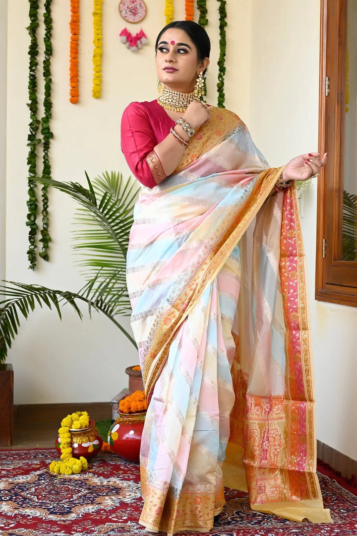 Party Wear Multi Color Banarasi Silk Saree With Yellow Pallu And Borders
