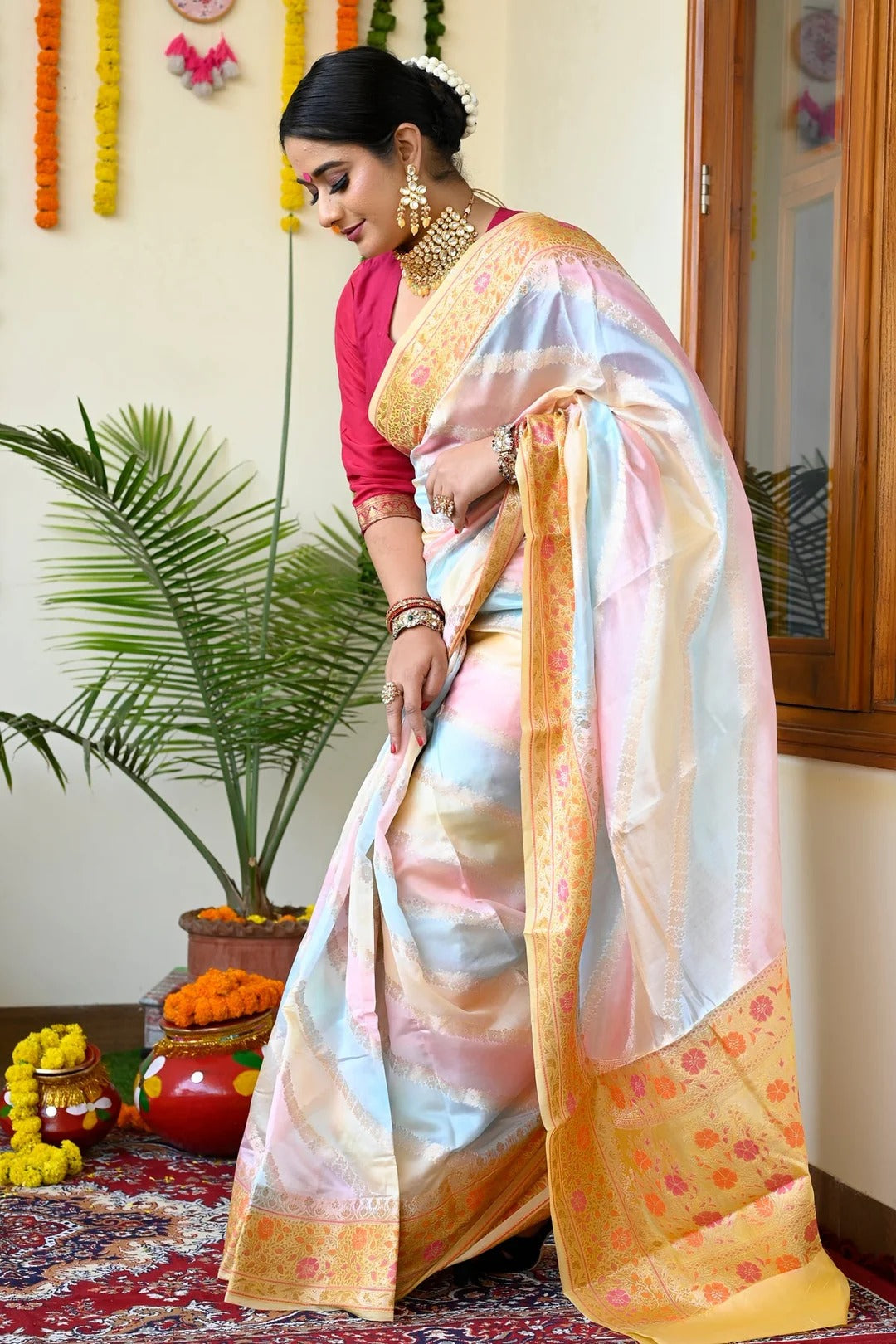 Party Wear Multi Color Banarasi Silk Saree With Yellow Pallu And Borders