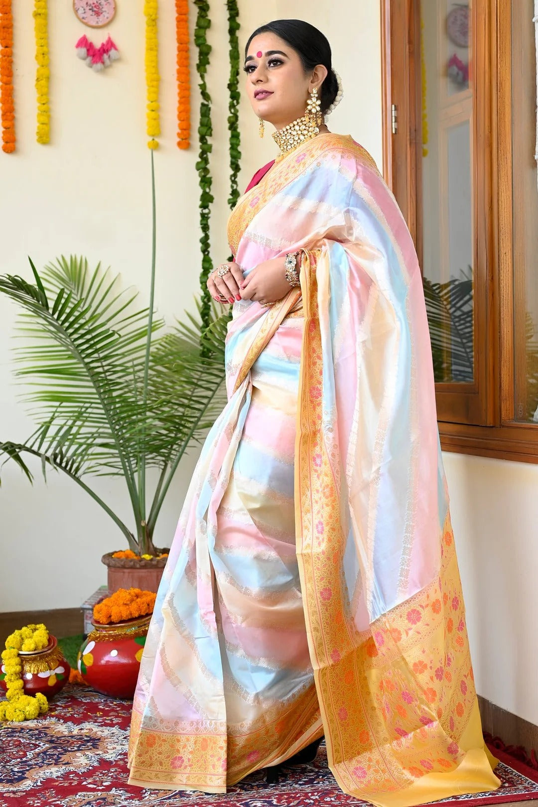 Party Wear Multi Color Banarasi Silk Saree With Yellow Pallu And Borders