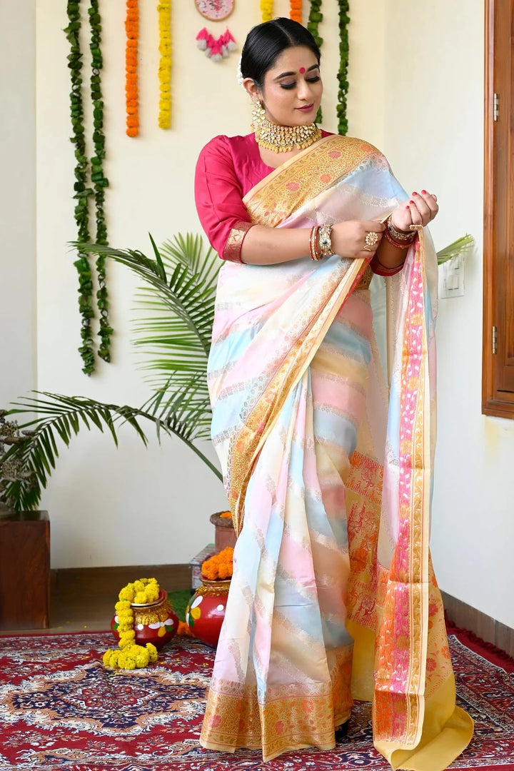 Party Wear Multi Color Banarasi Silk Saree With Yellow Pallu And Borders