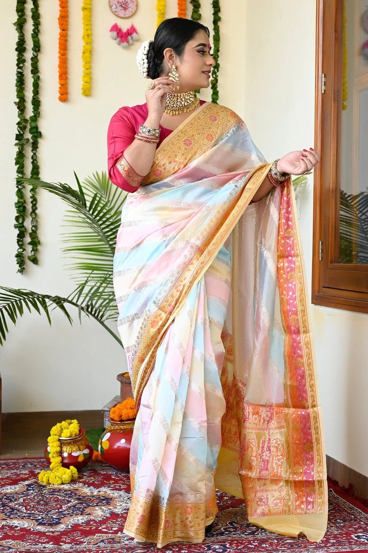 Party Wear Multi Color Banarasi Silk Saree With Yellow Pallu And Borders