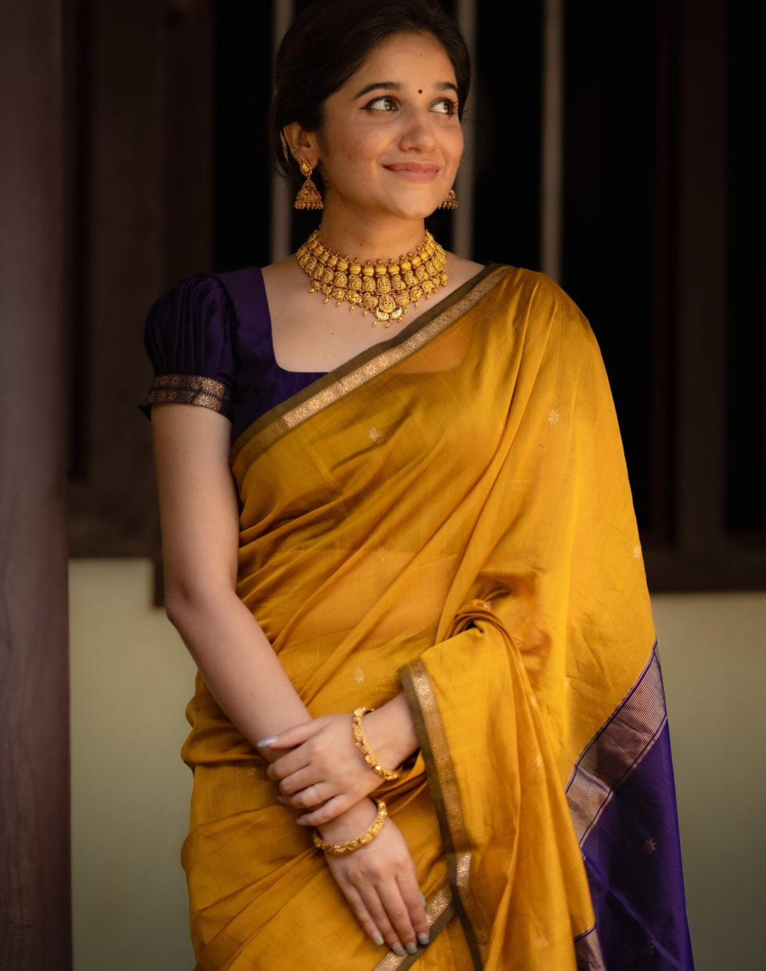 Party Wear Mustard And Bimjal Violet Color Maheshwari Silk Saree