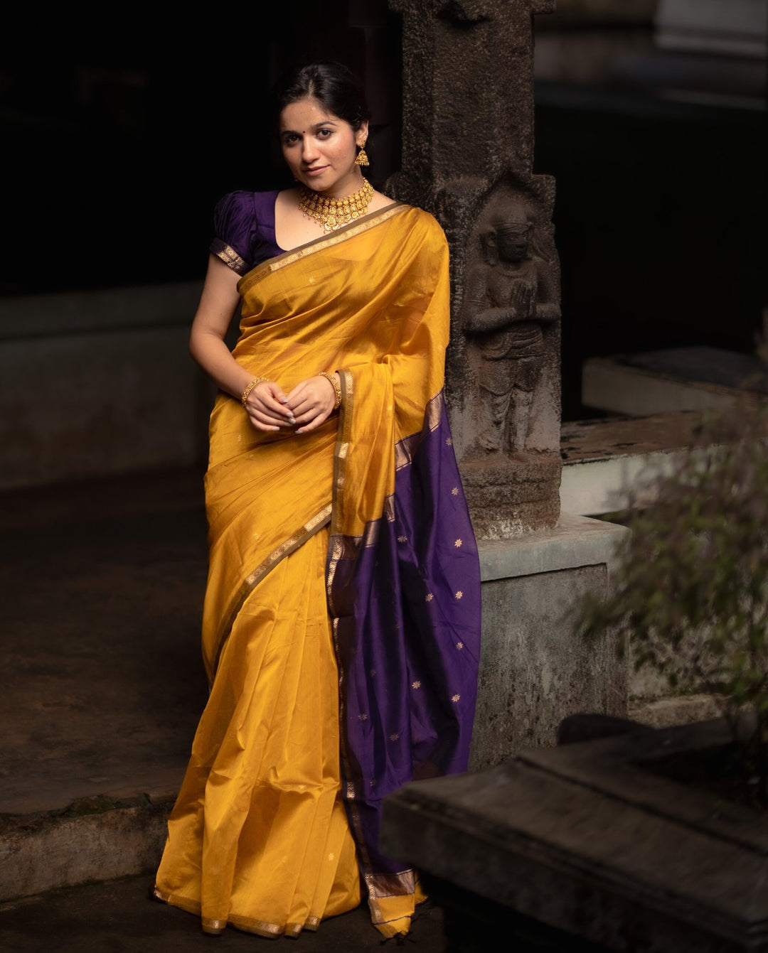 Party Wear Mustard And Bimjal Violet Color Maheshwari Silk Saree