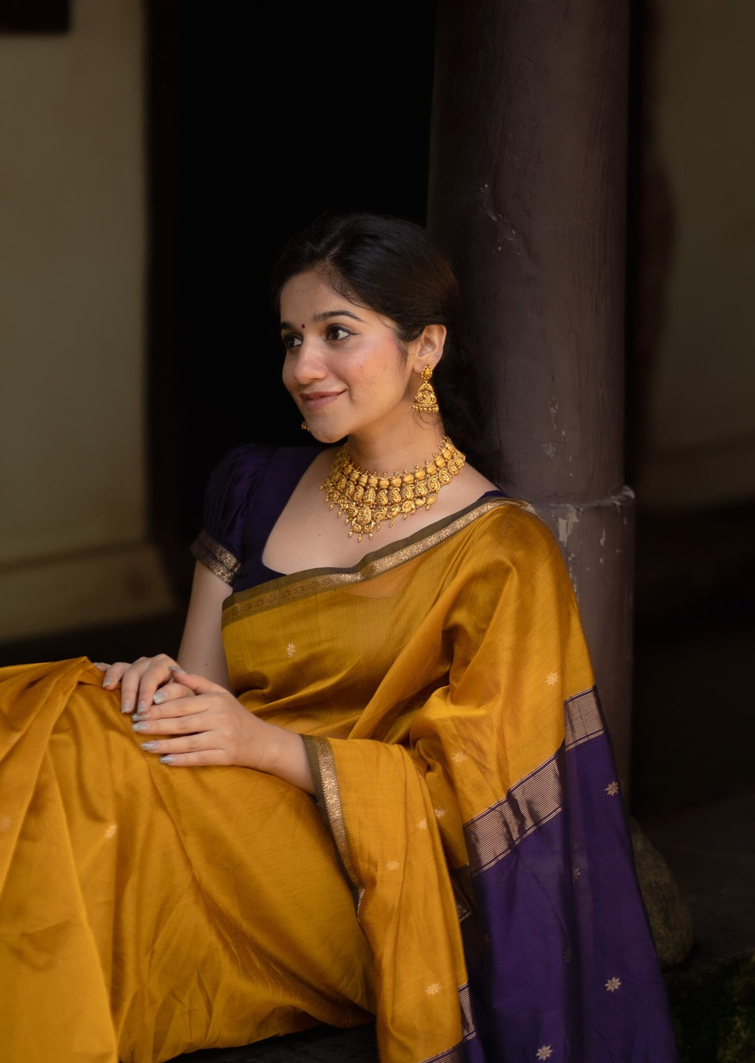 Party Wear Mustard And Bimjal Violet Color Maheshwari Silk Saree
