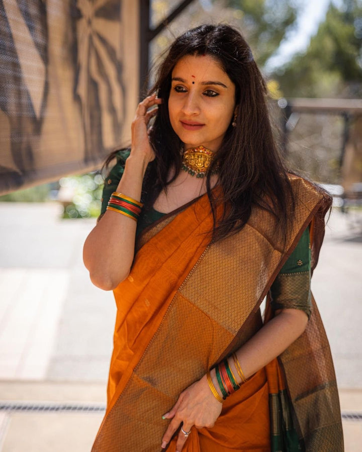 Party Wear Mustard And Green Color Cotton Silk Saree