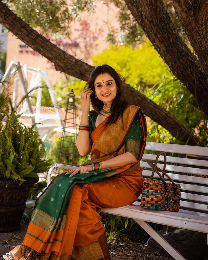Party Wear Mustard And Green Color Cotton Silk Saree