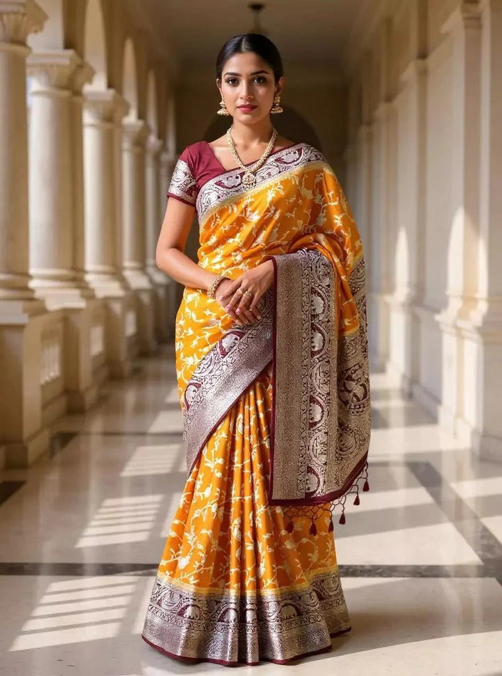Party Wear Mustard Birds Color Banarasi Silk Saree