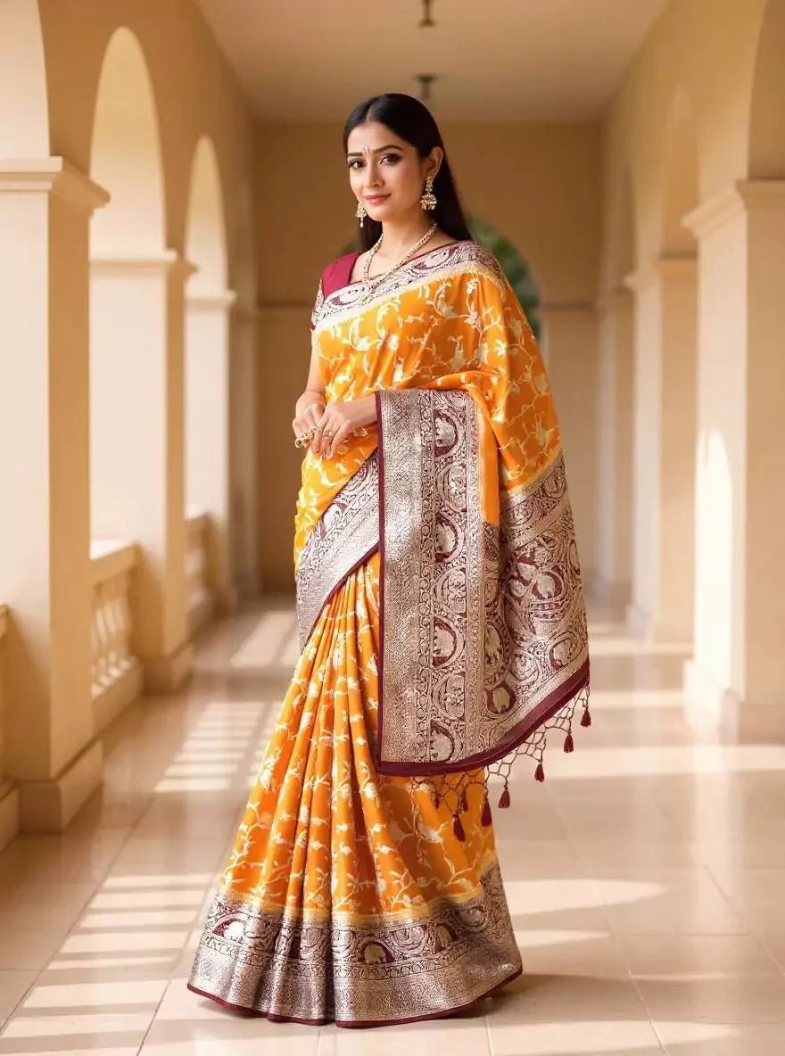 Party Wear Mustard Birds Color Banarasi Silk Saree