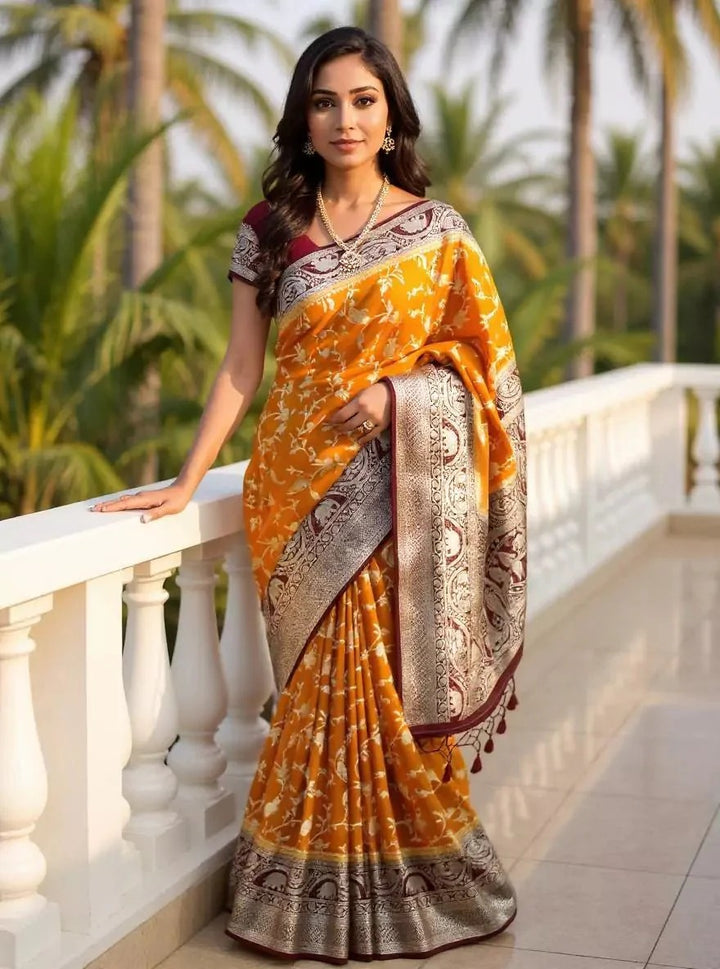 Party Wear Mustard Birds Color Banarasi Silk Saree