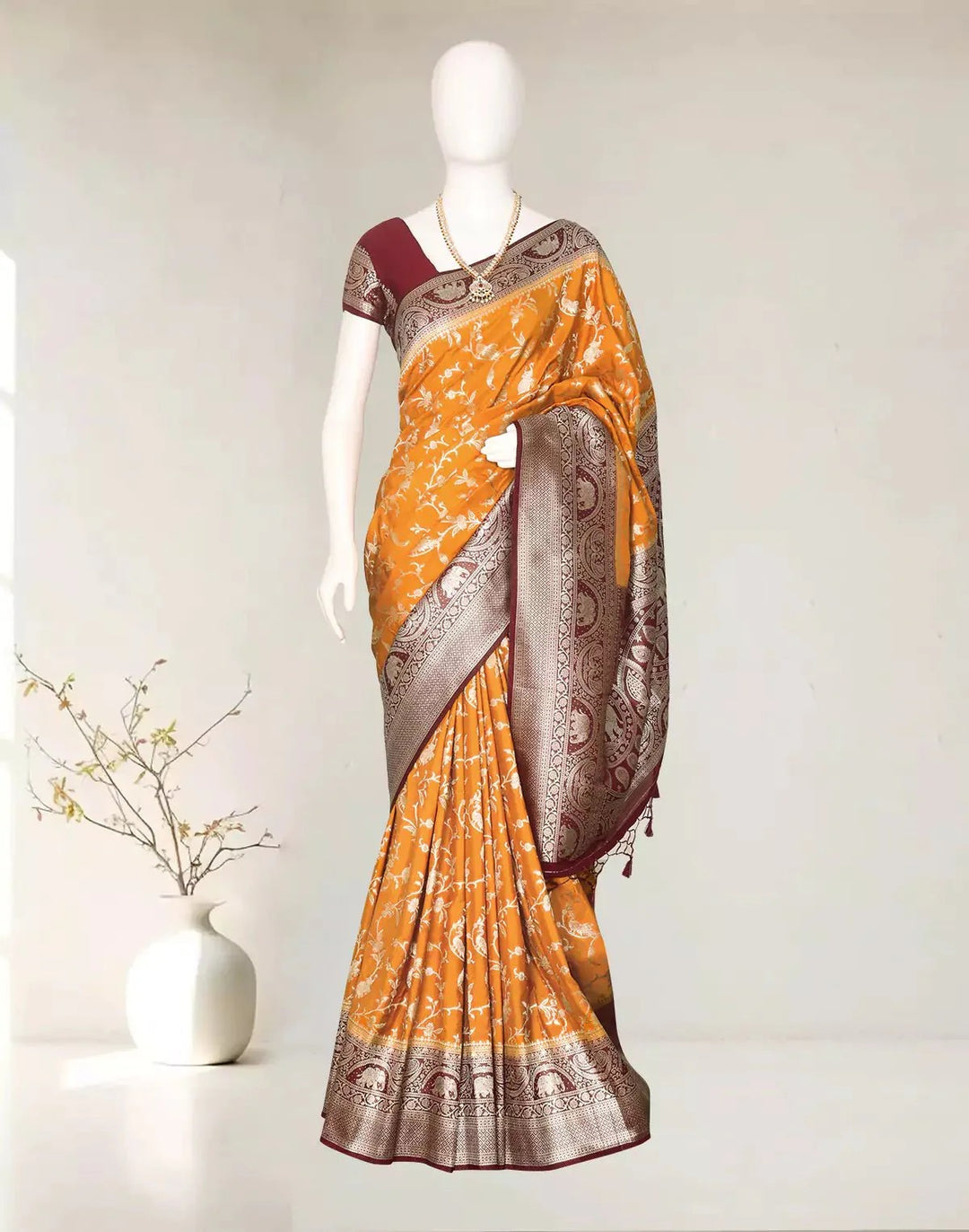 Party Wear Mustard Birds Color Banarasi Silk Saree
