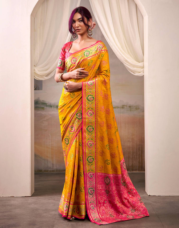 Party Wear Mustard Yellow Color Patola Silk Saree