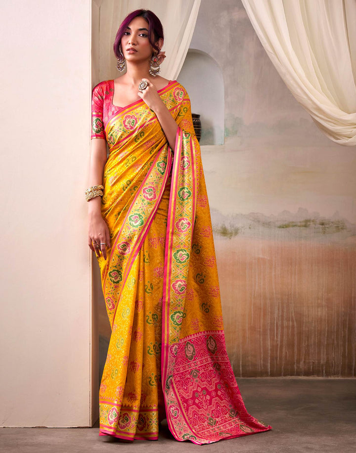 Party Wear Mustard Yellow Color Patola Silk Saree