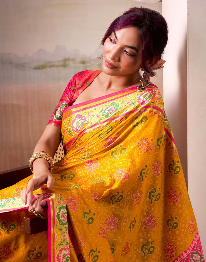 Party Wear Mustard Yellow Color Patola Silk Saree