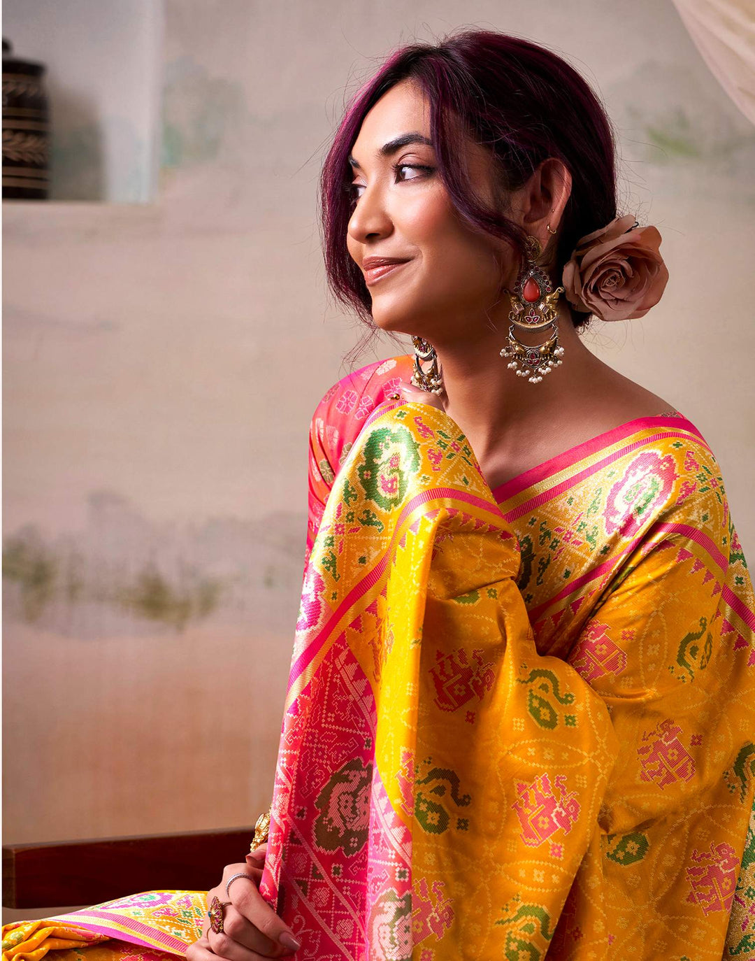 Party Wear Mustard Yellow Color Patola Silk Saree