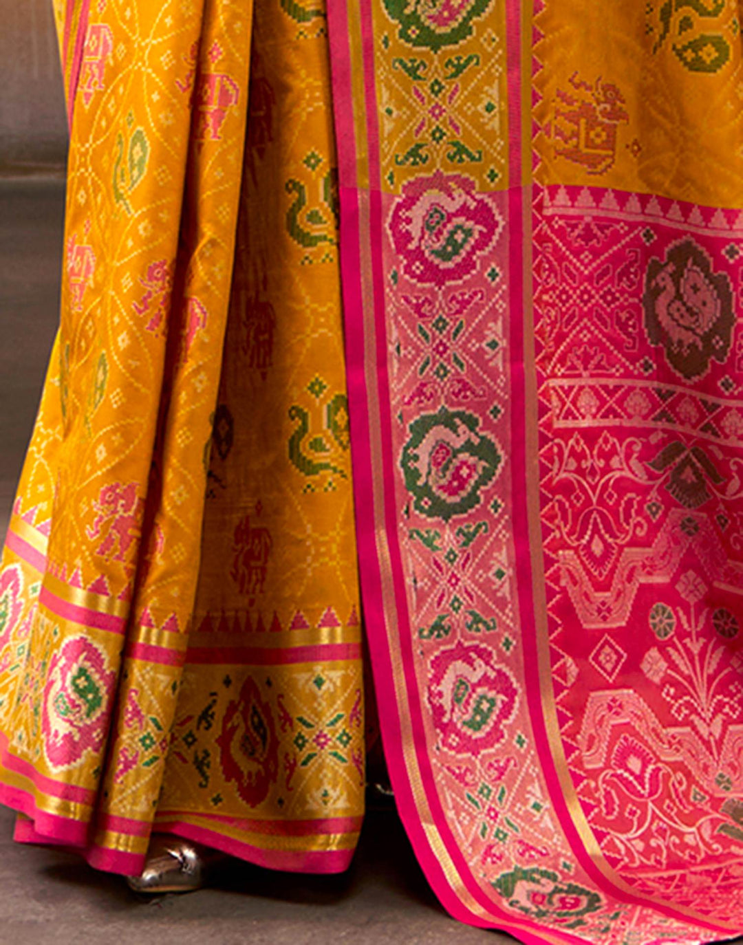 Party Wear Mustard Yellow Color Patola Silk Saree