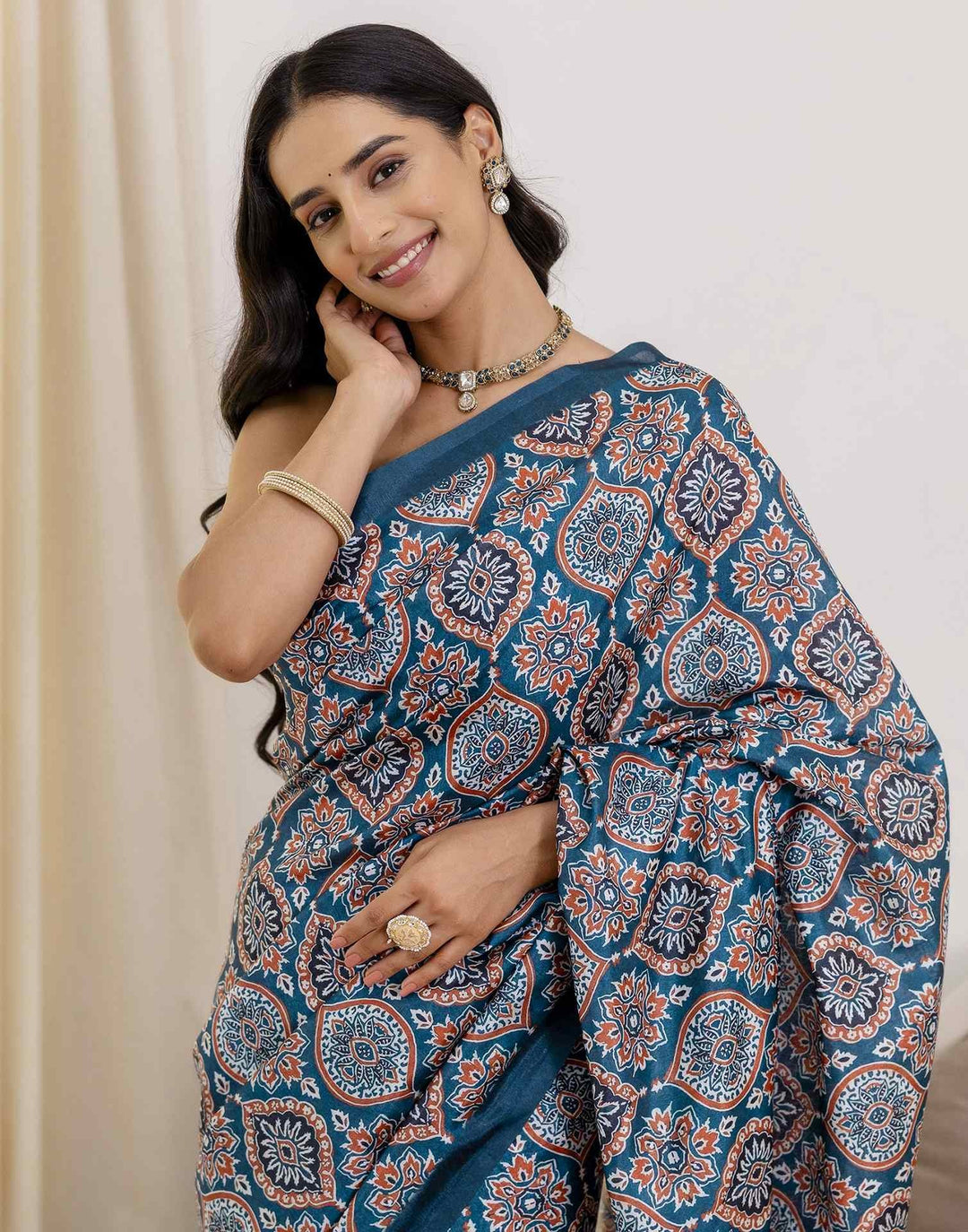 Party Wear Navy Blue Color Banarasi Silk Printed Saree