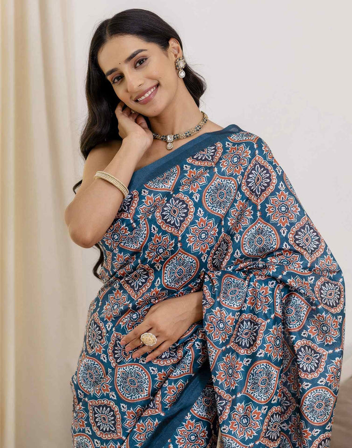 Party Wear Navy Blue Color Banarasi Silk Printed Saree