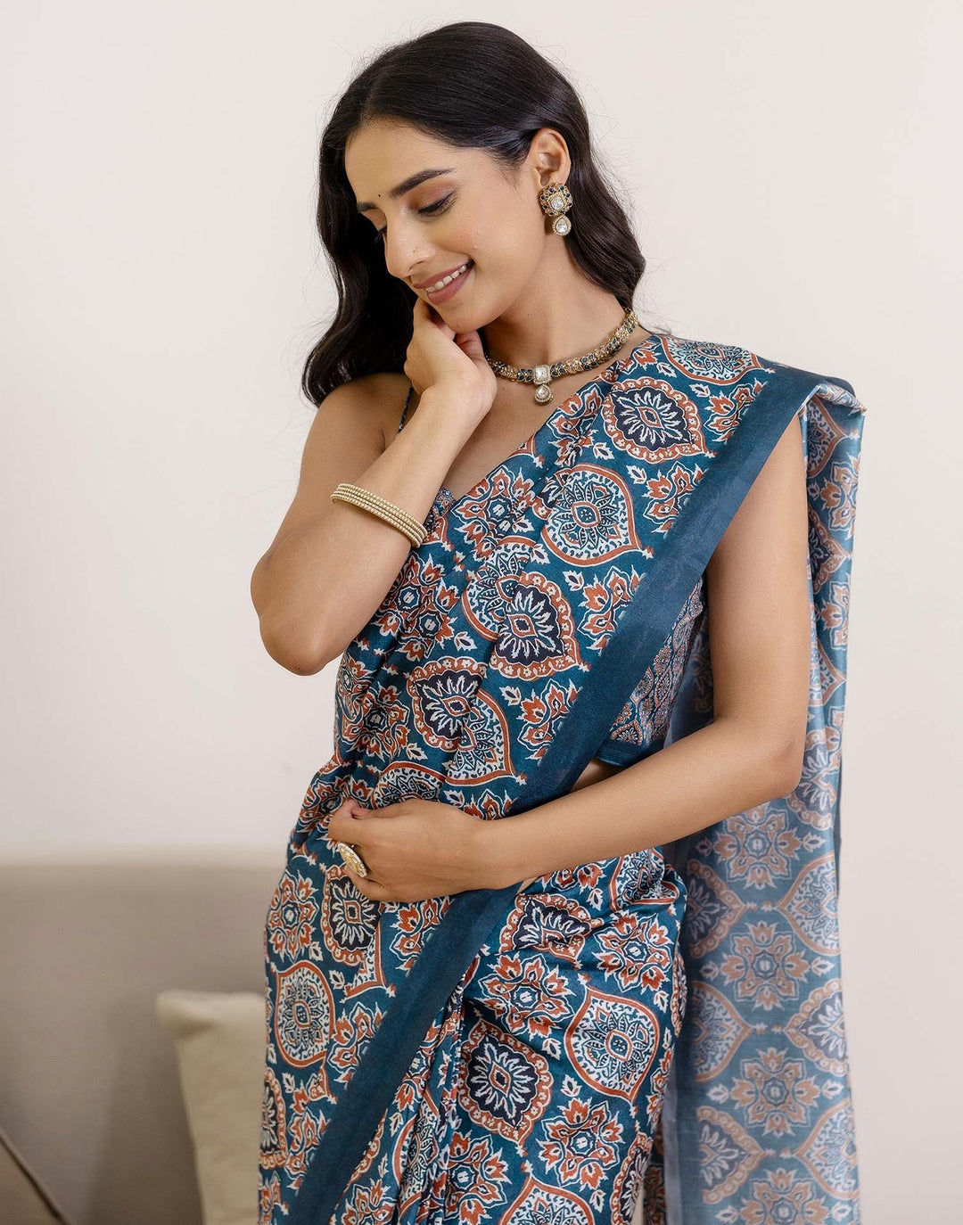 Party Wear Navy Blue Color Banarasi Silk Printed Saree