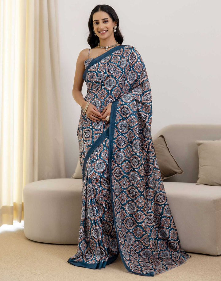 Party Wear Navy Blue Color Banarasi Silk Printed Saree