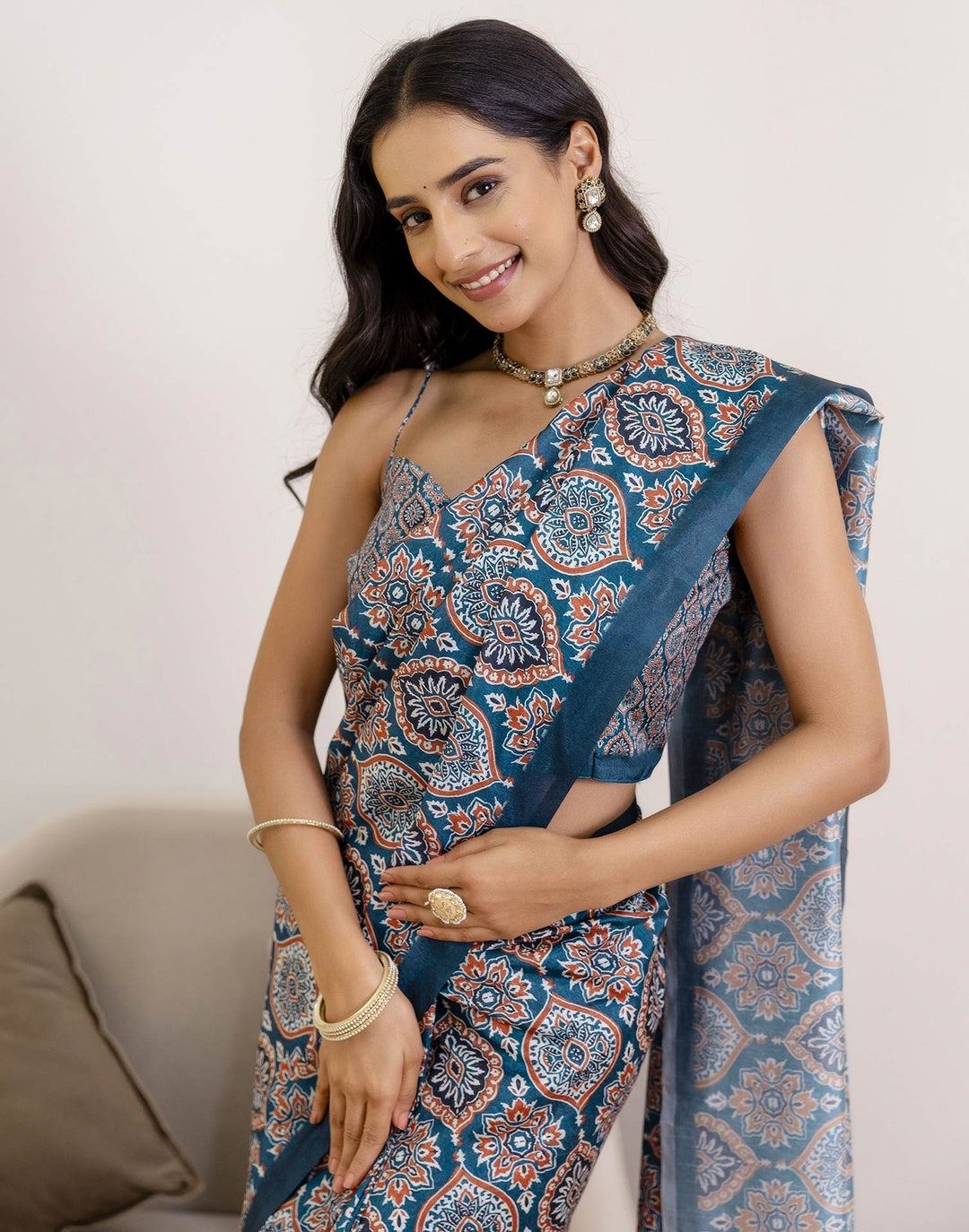 Party Wear Navy Blue Color Banarasi Silk Printed Saree