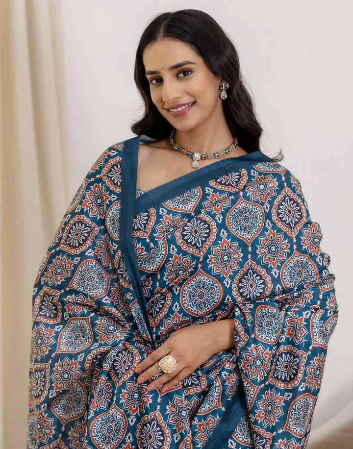 Party Wear Navy Blue Color Banarasi Silk Printed Saree