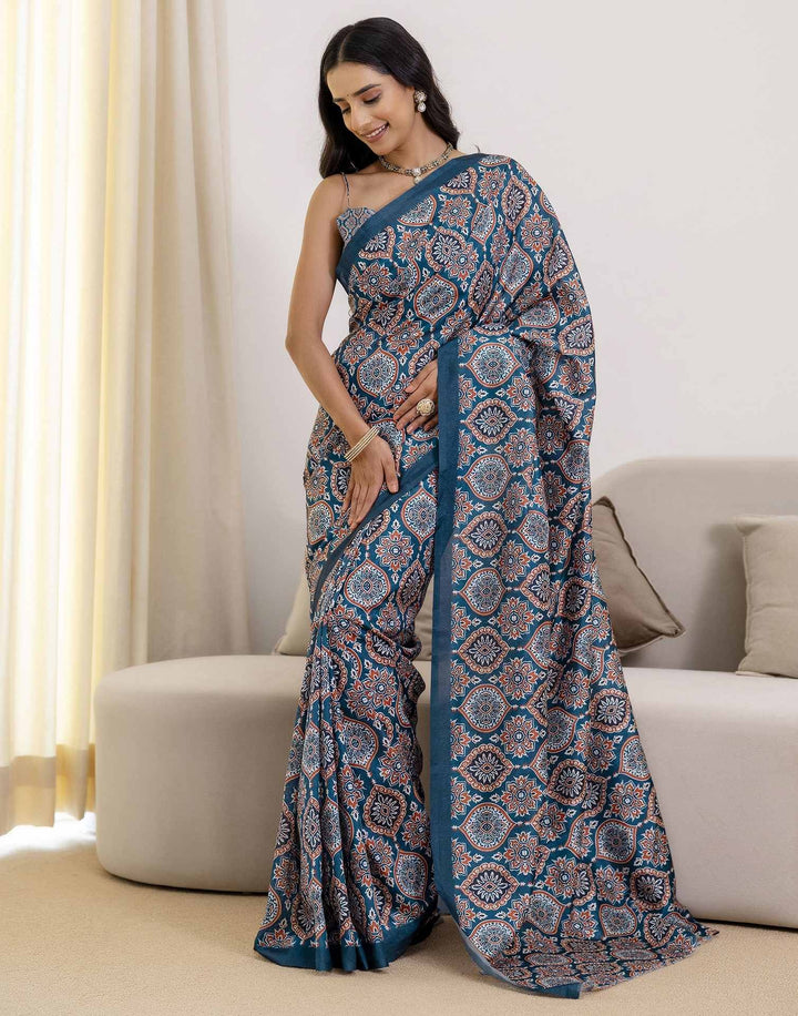 Party Wear Navy Blue Color Banarasi Silk Printed Saree