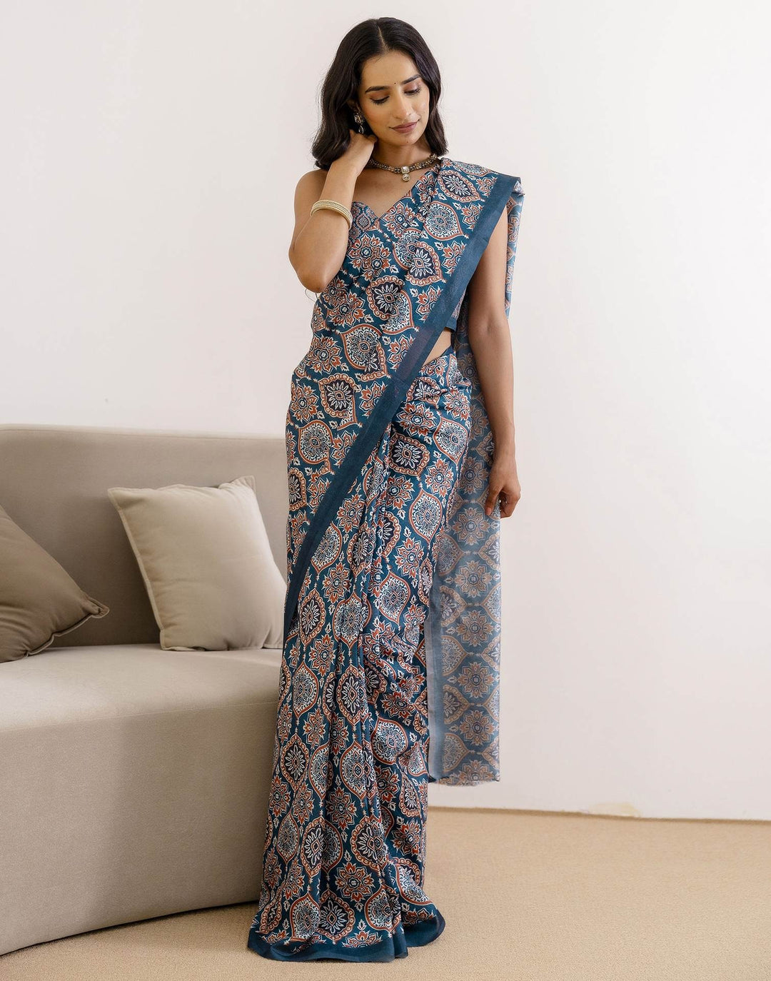 Party Wear Navy Blue Color Banarasi Silk Printed Saree