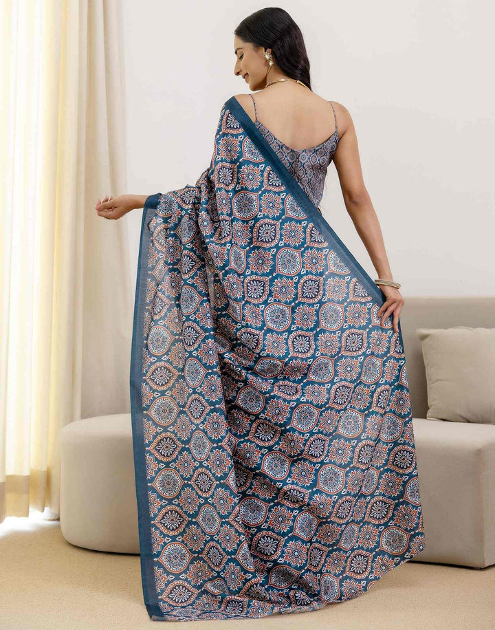 Party Wear Navy Blue Color Banarasi Silk Printed Saree