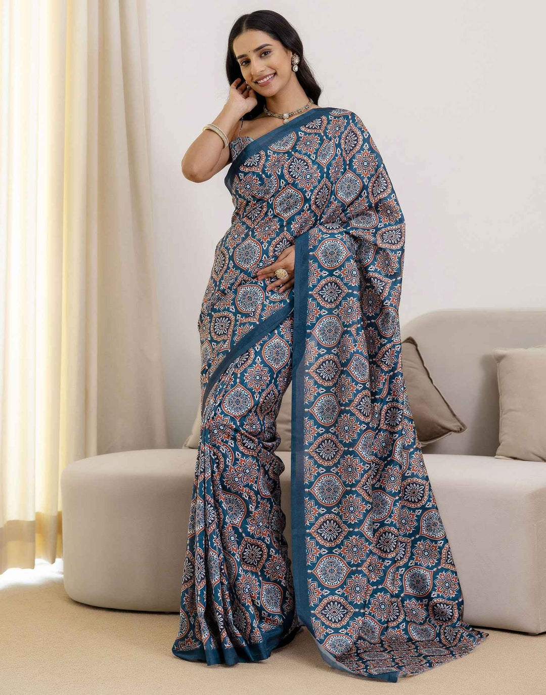 Party Wear Navy Blue Color Banarasi Silk Printed Saree