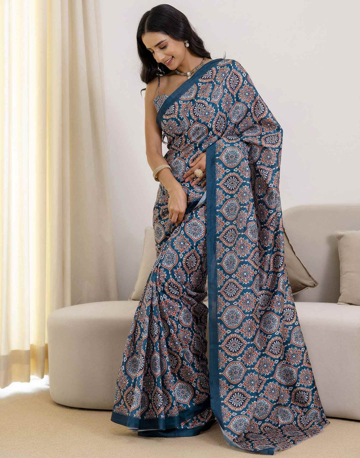 Party Wear Navy Blue Color Banarasi Silk Printed Saree
