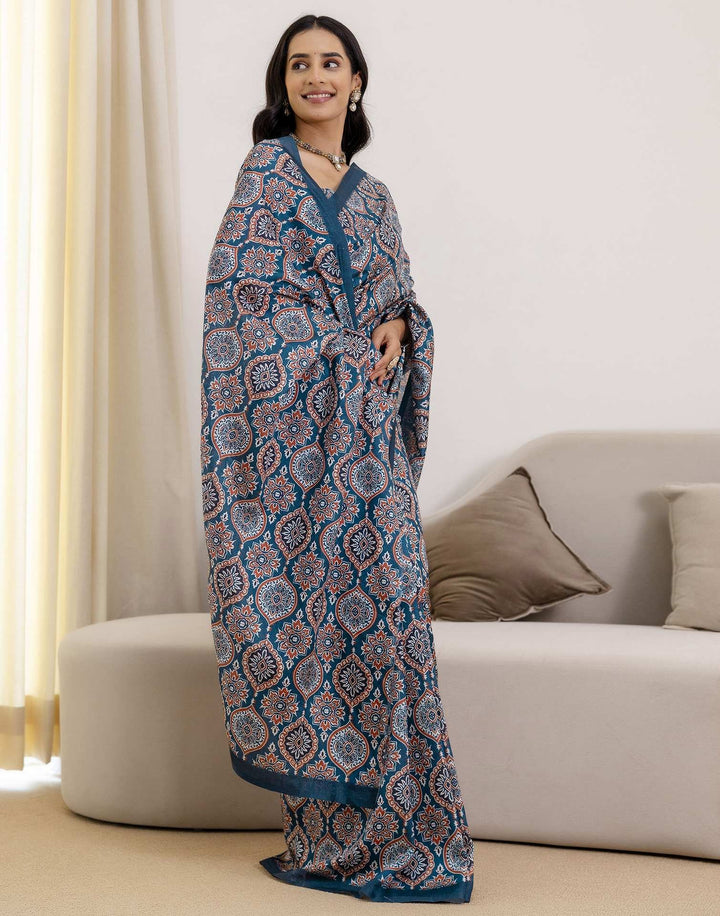 Party Wear Navy Blue Color Banarasi Silk Printed Saree