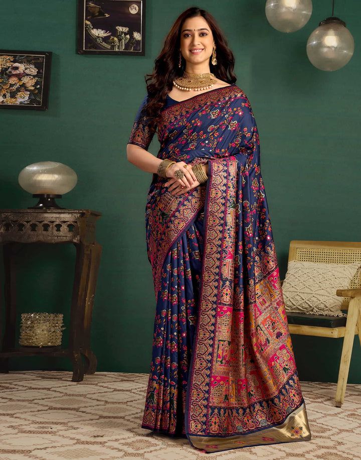Party Wear Navy Blue Color Banarasi Silk Saree