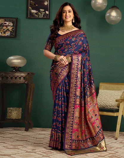 Party Wear Navy Blue Color Banarasi Silk Saree