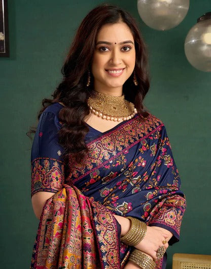 Party Wear Navy Blue Color Banarasi Silk Saree
