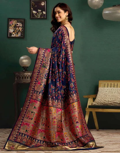 Party Wear Navy Blue Color Banarasi Silk Saree