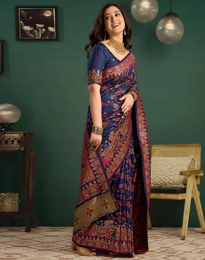 Party Wear Navy Blue Color Banarasi Silk Saree