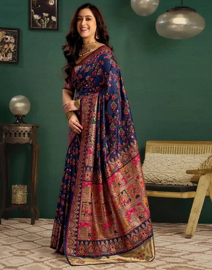 Party Wear Navy Blue Color Banarasi Silk Saree
