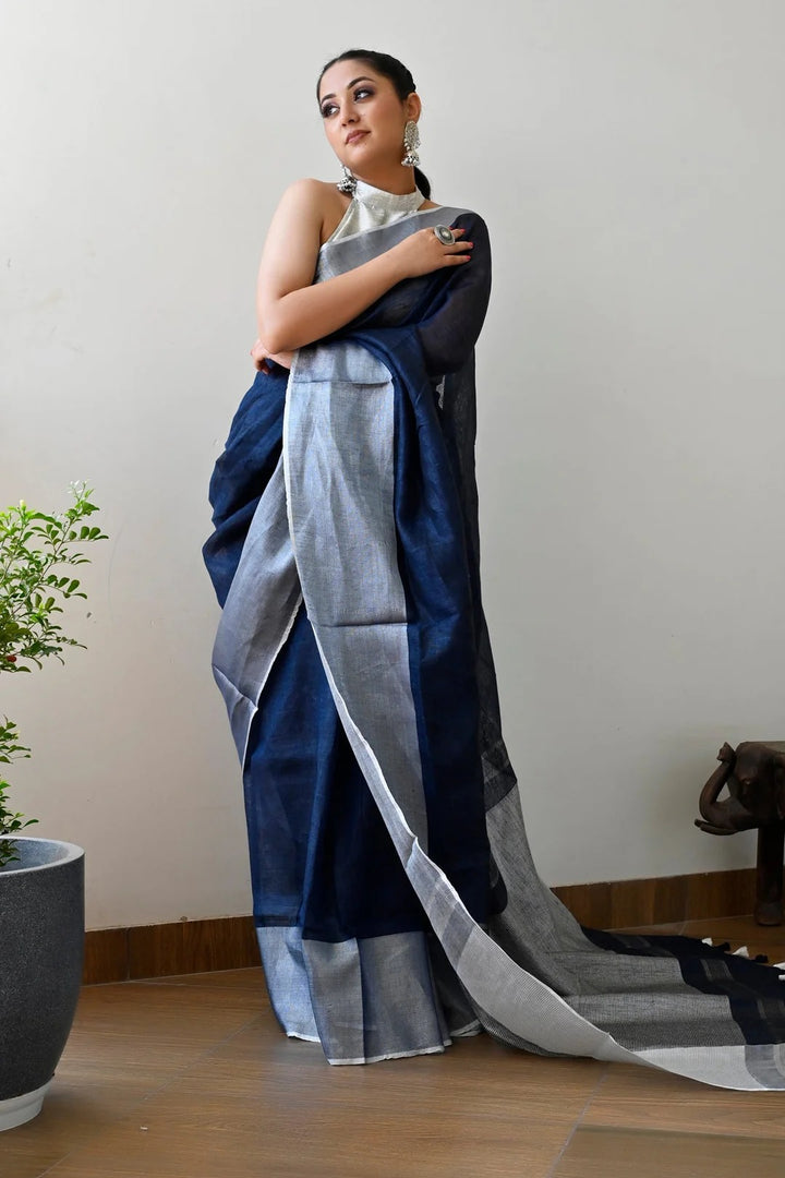 Party Wear Navy Blue Color Linen Handloom Saree with Silver Border