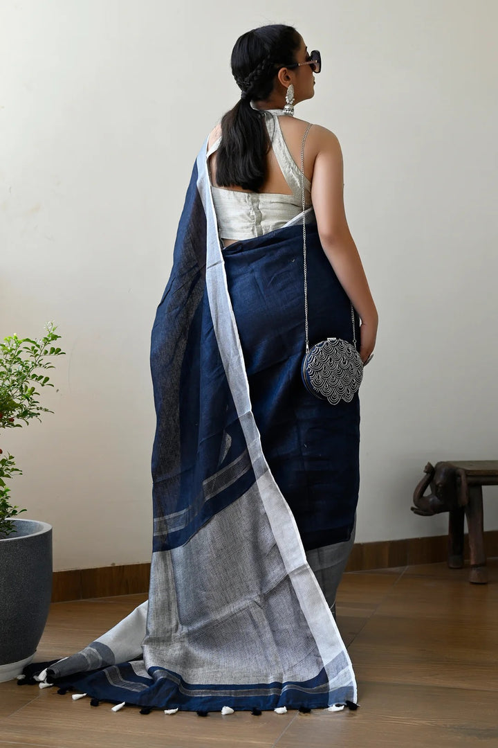 Party Wear Navy Blue Color Linen Handloom Saree with Silver Border