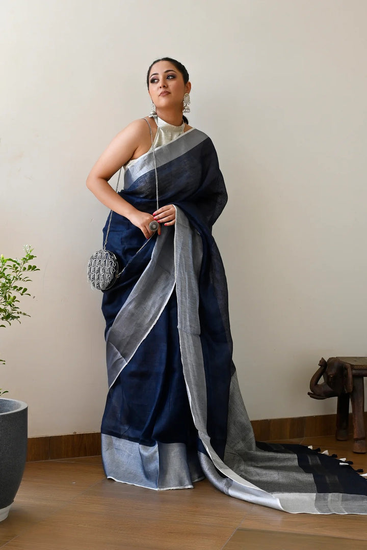 Party Wear Navy Blue Color Linen Handloom Saree with Silver Border