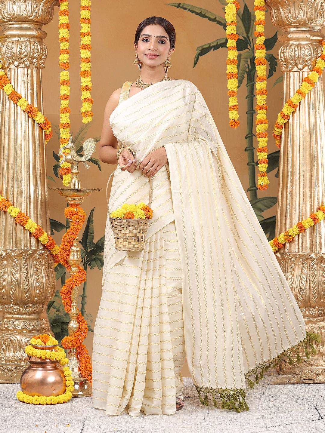 Party Wear Off-White Color Cotton Soft Silk Saree