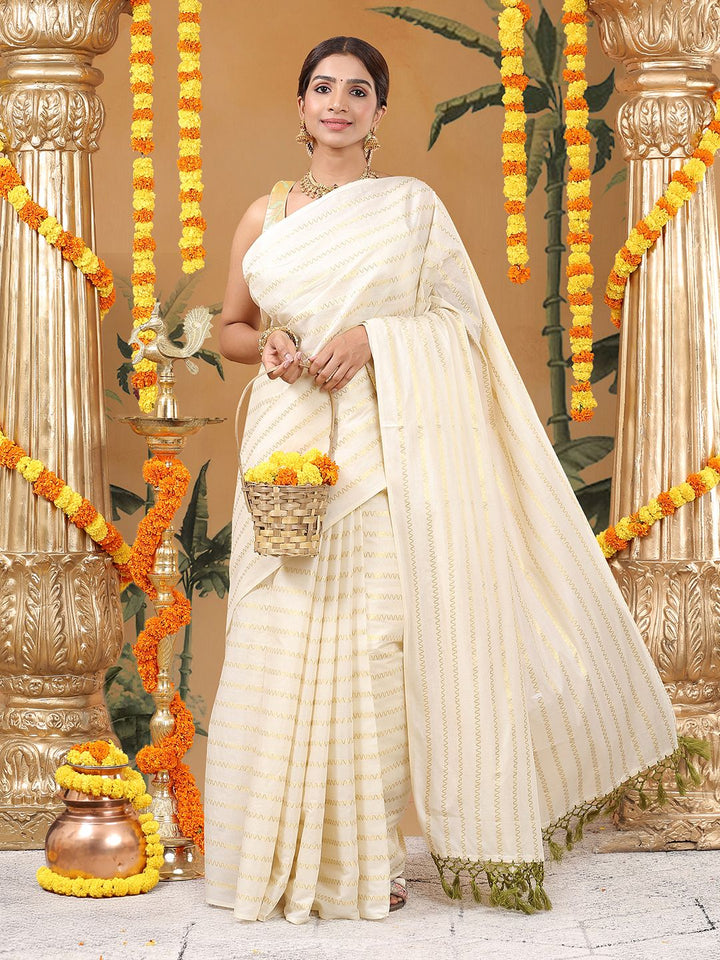 Party Wear Off-White Color Cotton Soft Silk Saree